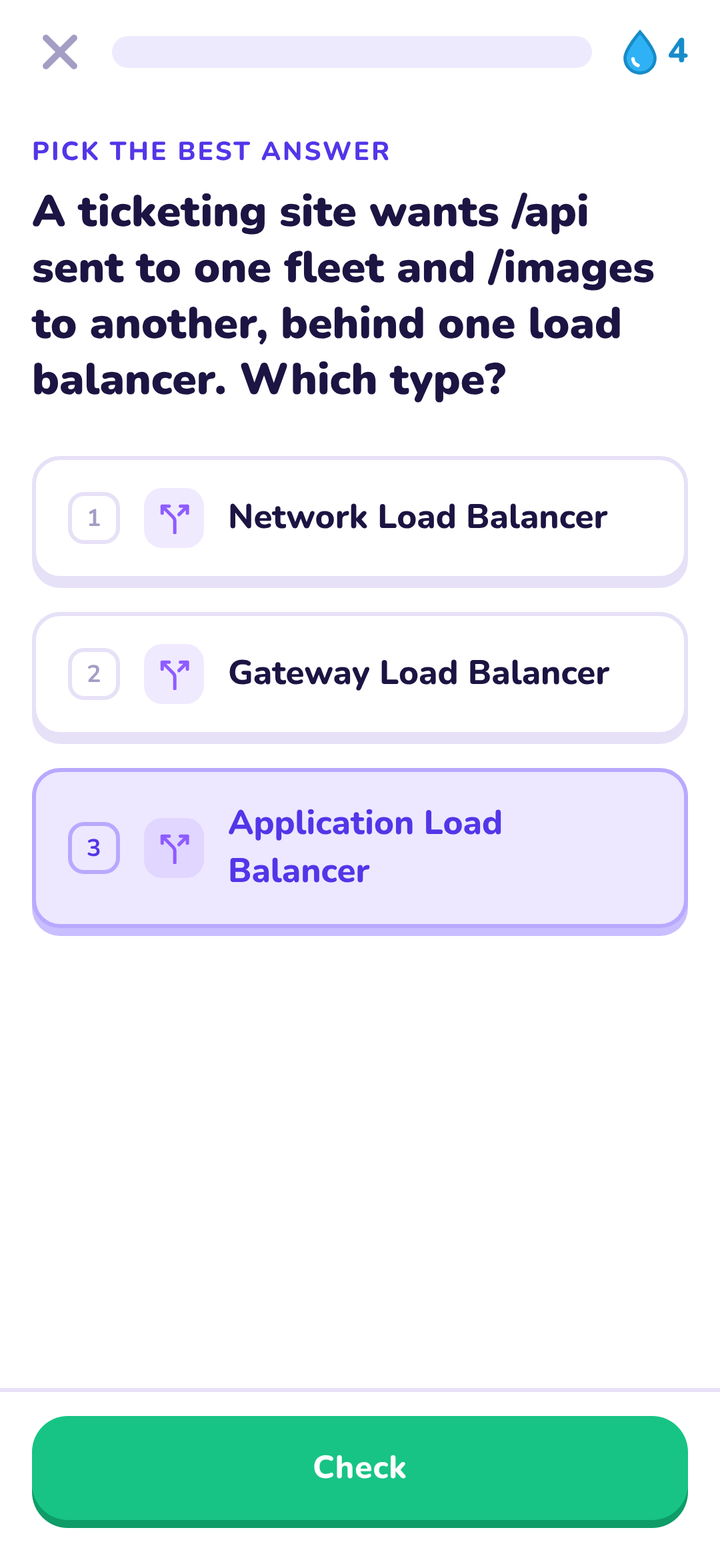 A lesson asking which load balancer fits a scenario
